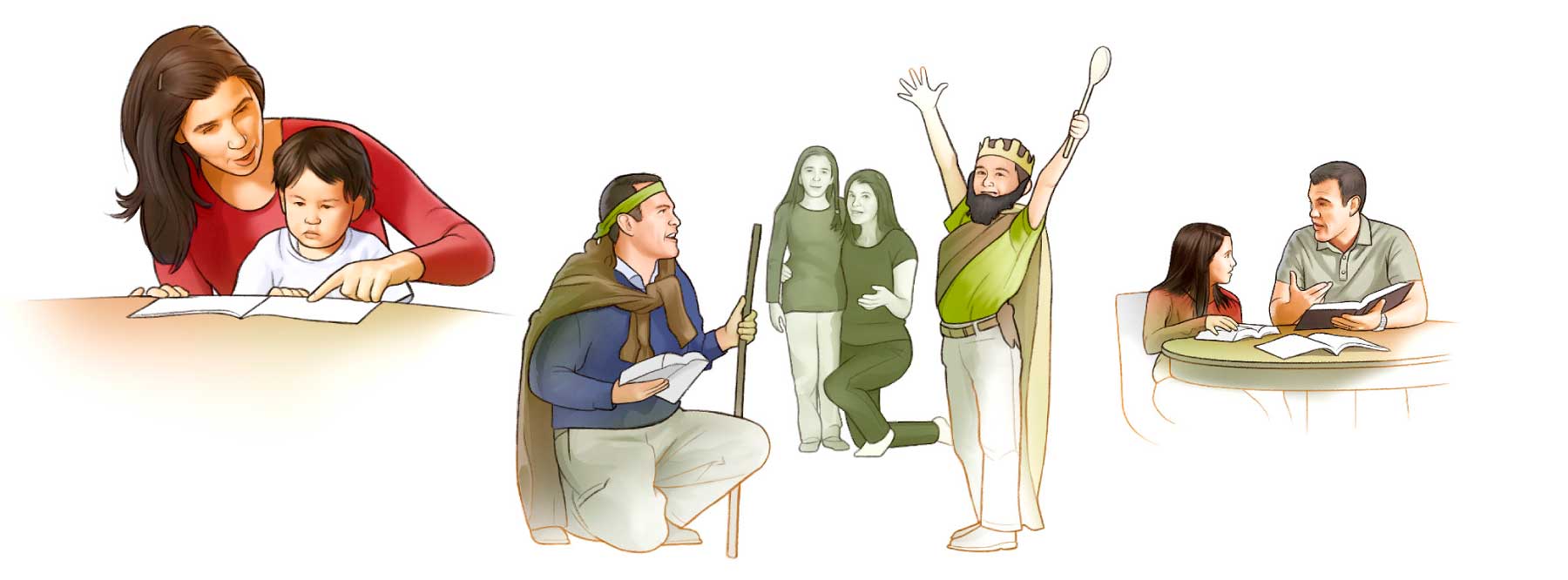 Maminka čte malému synovi; rodina předvádí biblický příběh; tatínek studuje s dcerou
