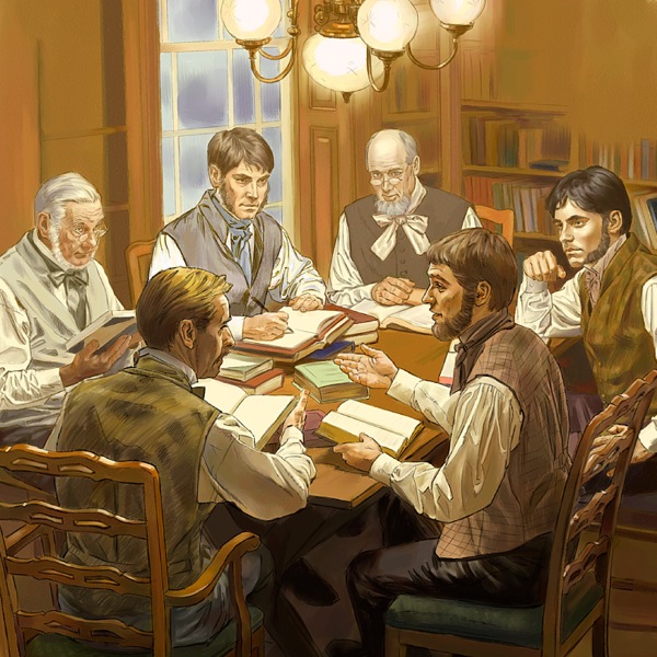 Skupina mužů studuje Bibli, 70. léta 19. století