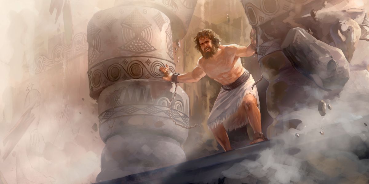 Samson se opírá do sloupů v Dagonově chrámu a budova se hroutí