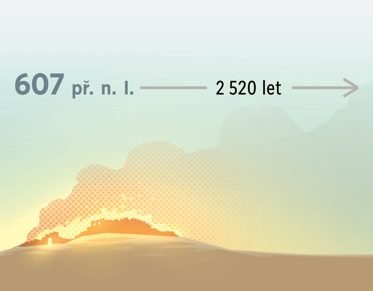 Oheň ničí v roce 607 př. n. l. starověký Jeruzalém. Následně uplyne 2 520 let