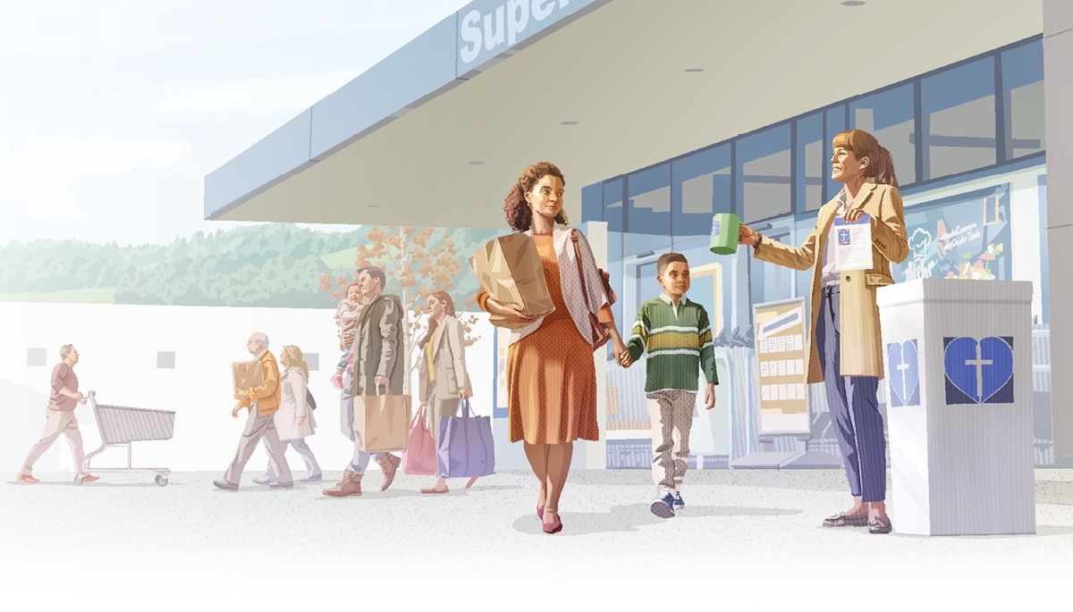 Sestra se svým synem vychází ze supermarketu. Prochází kolem ženy, která vybírá příspěvky na církevní charitu