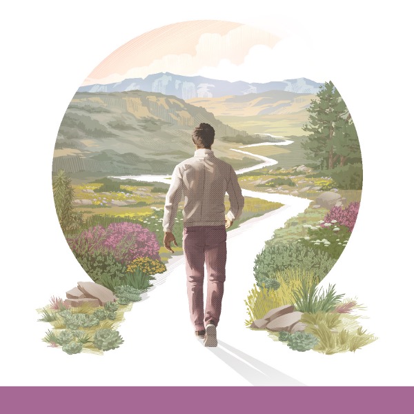 Radujte se ze života navždy! (interaktivní biblický kurz). Muž jde po cestě, která se klikatí mezi horami a kopci a kolem které je krásná zeleň