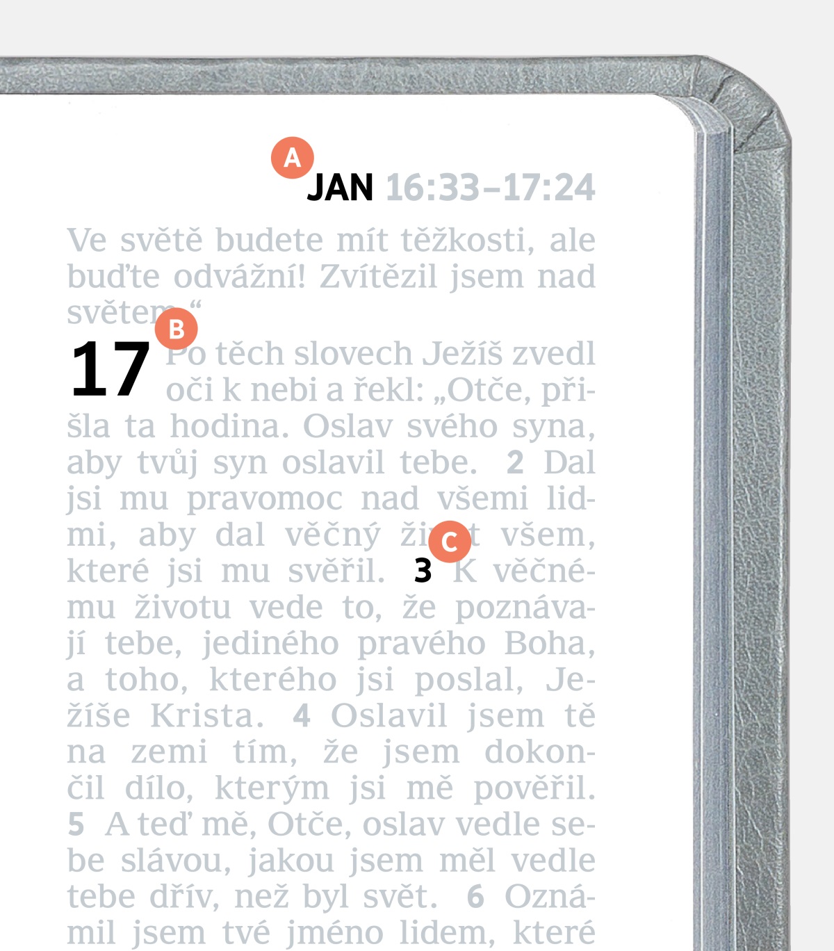 Písmena A, B a C označující jednotlivé prvky na stránce v Bibli