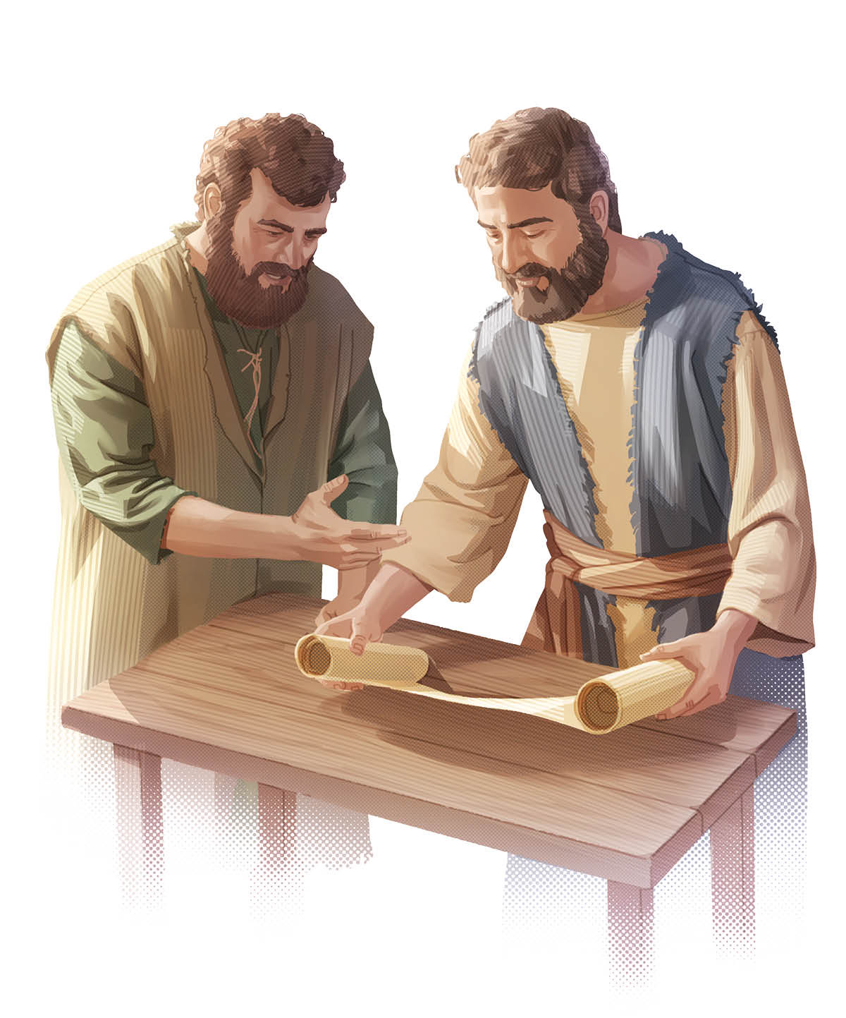 Dva křesťané v prvním století zkoumají svitek s částí Bible a pátrají po pravdě