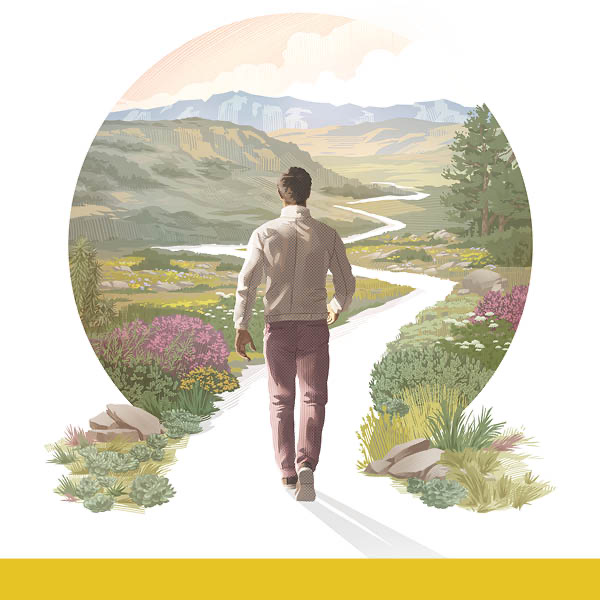 Radujte se ze života navždy! (úvod k biblickému kurzu). Muž jde po cestě, která se klikatí mezi horami a kopci a kolem které je krásná zeleň