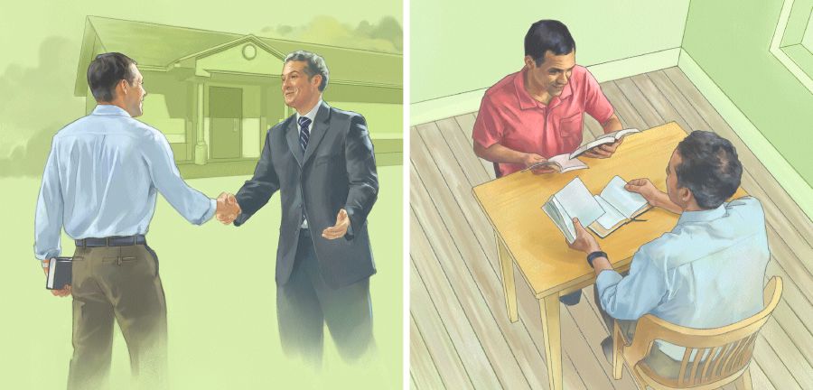 Muž jde na shromáždění do sálu Království a studuje Bibli s jedním svědkem Jehovovým