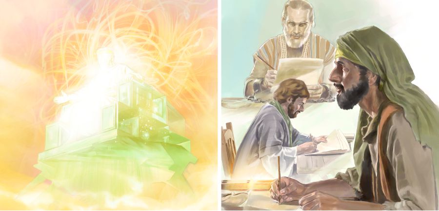 Ze svého trůnu v nebi Jehova vede některé muže, aby napsali Bibli
