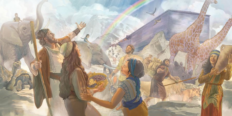 Noe, jeho rodina a zvířata vycházejí z archy a na obloze se objevuje duha