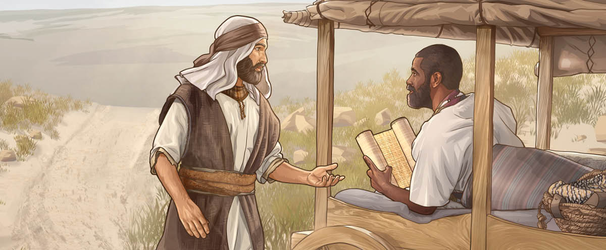 Evangelista Filip si povídá s Etiopanem, který jede ve svém voze
