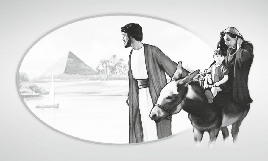 Josef bere Ježíše a Marii do Egypta, aby Ježíše ochránil