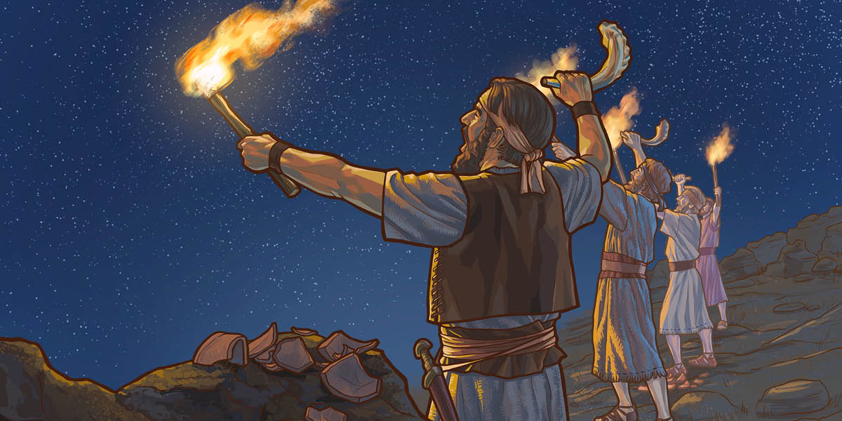 Gideon a jeho muži drží pochodně a rohy a křičí