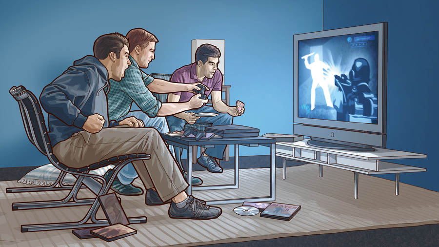 Tři mladí muži zapáleně hrají násilnou videohru