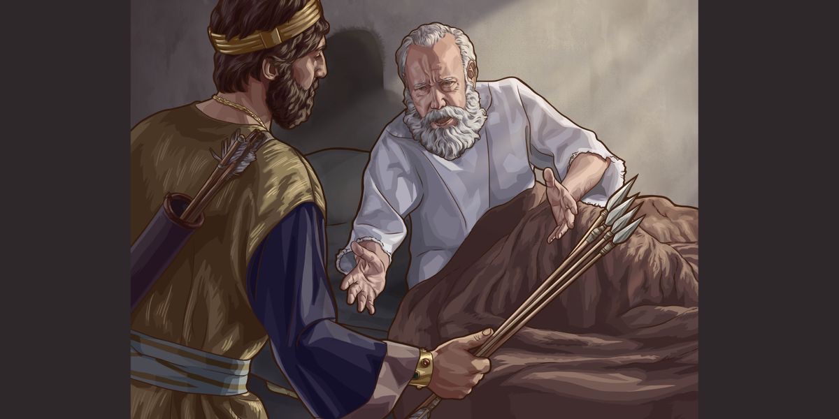 Nemocný Eliša ze svého lůžka předává pokyny králi Jehoašovi. Jehoaš drží v ruce čtyři šípy