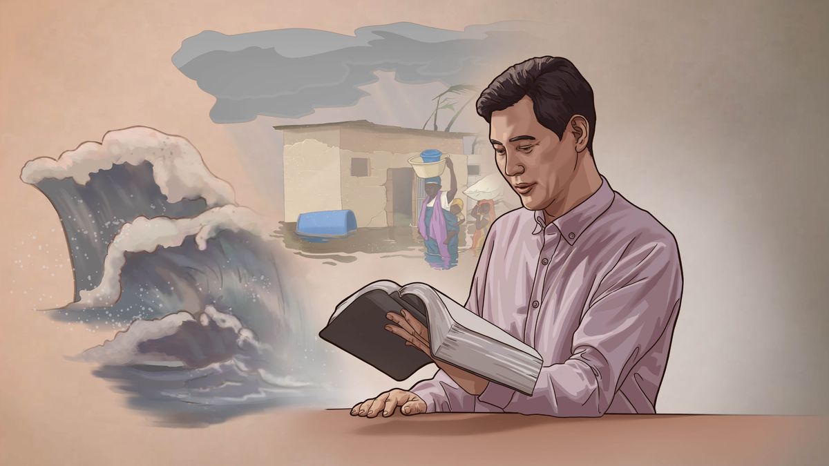 Koláž: Scény z videa „Jsi připravený na katastrofu?“. 1. Bratr čte Bibli. 2. Vlna tsunami. 3. Bouřkové mraky. 4. Lidé uprostřed záplav přenášejí svoje věci.