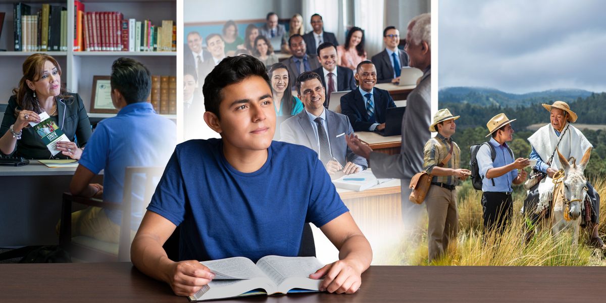 Koláž: Mladý bratr si čte Bibli a přemýšlí o tom, co bude dělat až skončí školu. 1. Mluví se školním poradcem. 2. Je ve škole pro zvěstovatele Království. 3. Slouží v zahraničí.