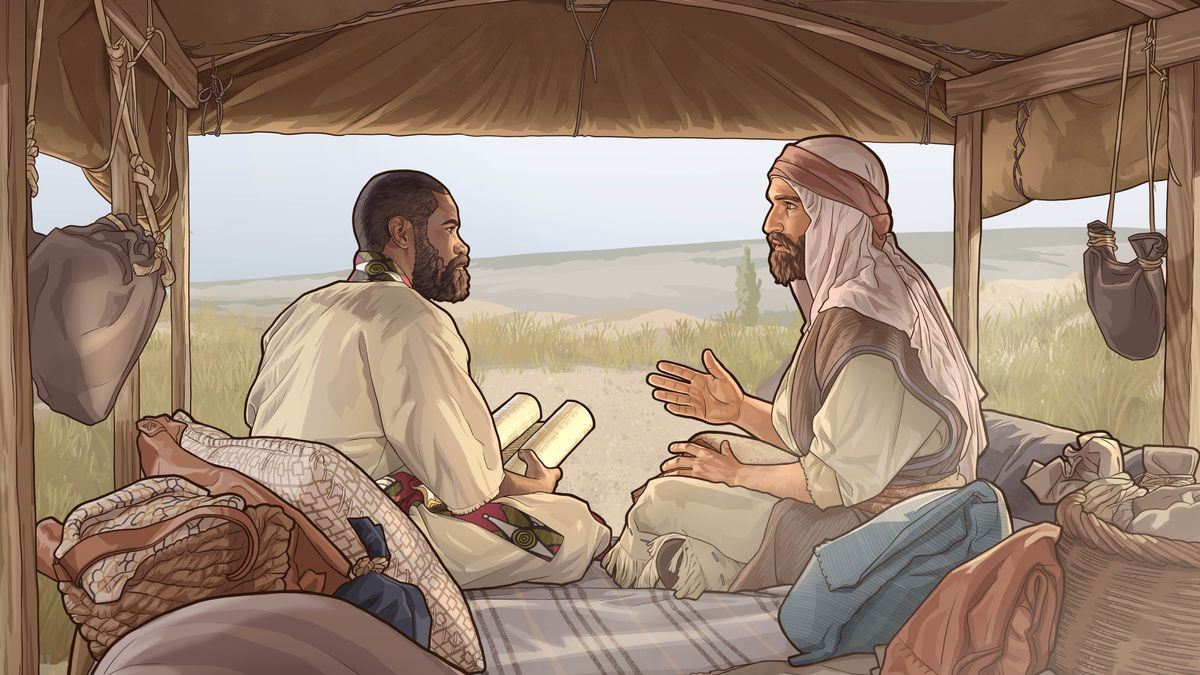 Evangelista Filip jede s Etiopanem v jeho voze a vysvětluje mu Písmo.
