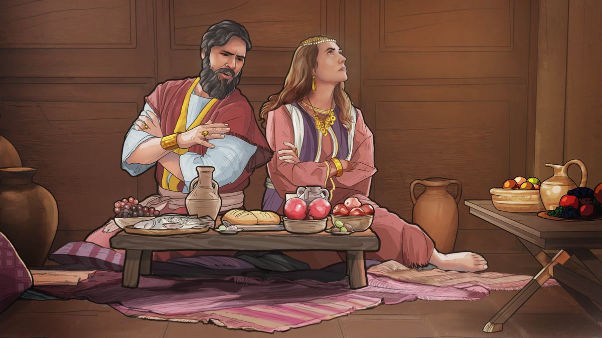 Bohatí manželé z biblické doby sedí u stolu plného jídla a nevypadají zrovna šťastně. Oba mají zkřížené ruce a manželka se pohrdavě dívá jinam, zatímco na ni manžel mluví.