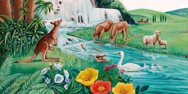 Zvířata, květiny, stromy a vodopád v nádherné zahradě Eden