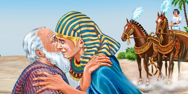 Jákob a Josef pláčou, když se v Egyptě znovu shledávají