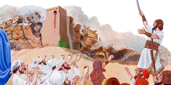 Jozue vede Izraelity, kteří křičí a troubí na rohy, zatímco se zdi Jericha bortí
