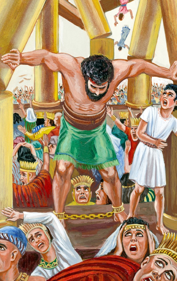 Samson se opírá do sloupů a budova se hroutí na Filištíny