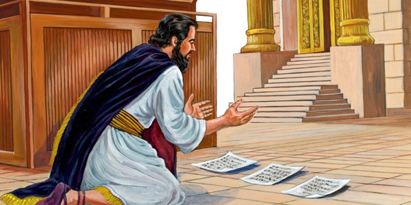 Král Ezekjáš se modlí u Jehovova oltáře a má před sebou na zemi dopisy od asyrského krále