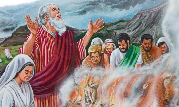 Noe se svou rodinou předkládá Jehovovi oběť, aby mu poděkoval