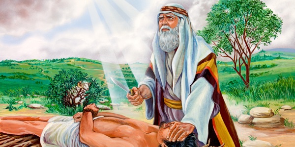 Abraham se chystá obětovat Izáka; v blízkém křoví uvízla ovce