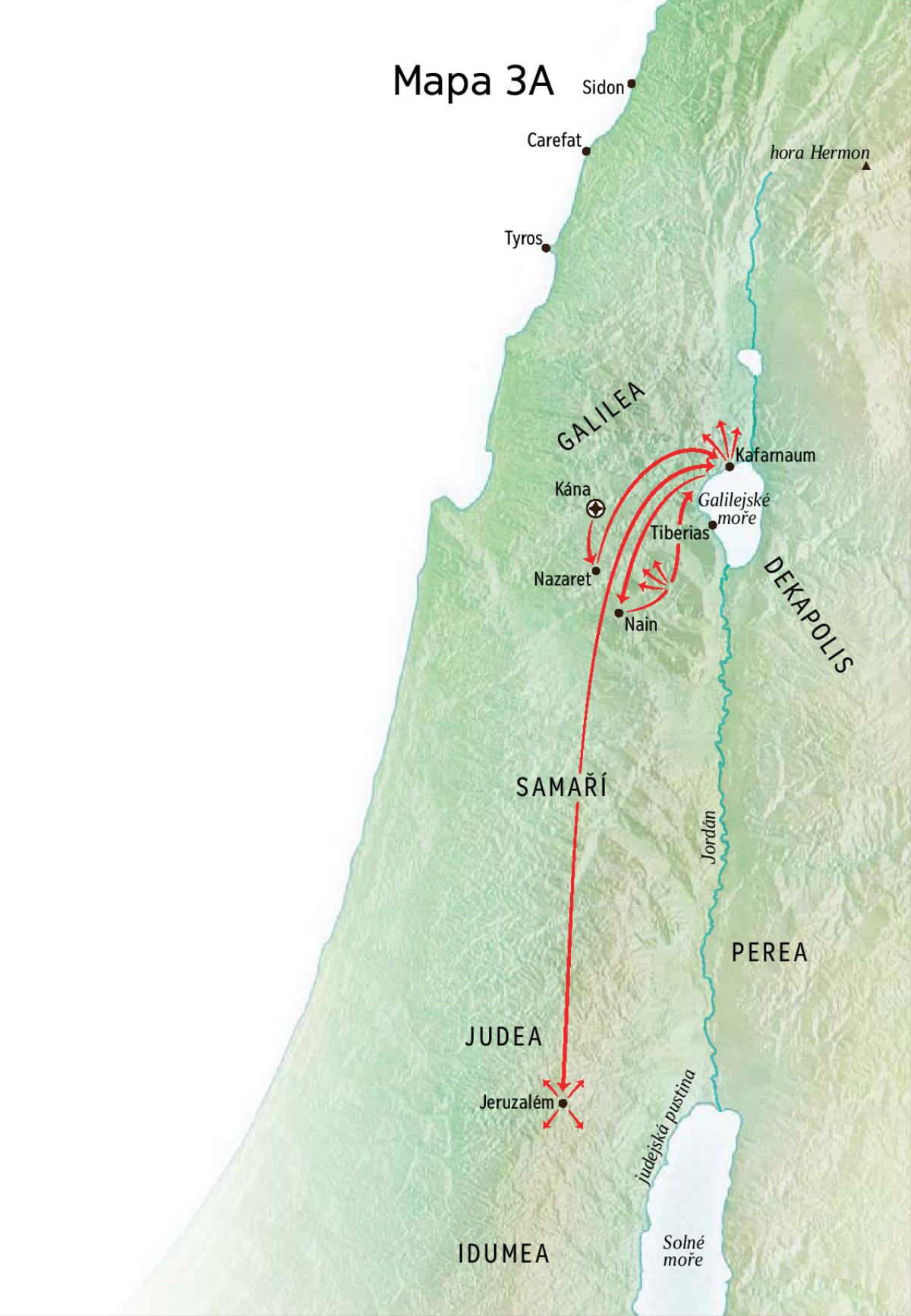 Mapa zachycující Ježíšovu službu v Galileji, Kafarnau a Káně