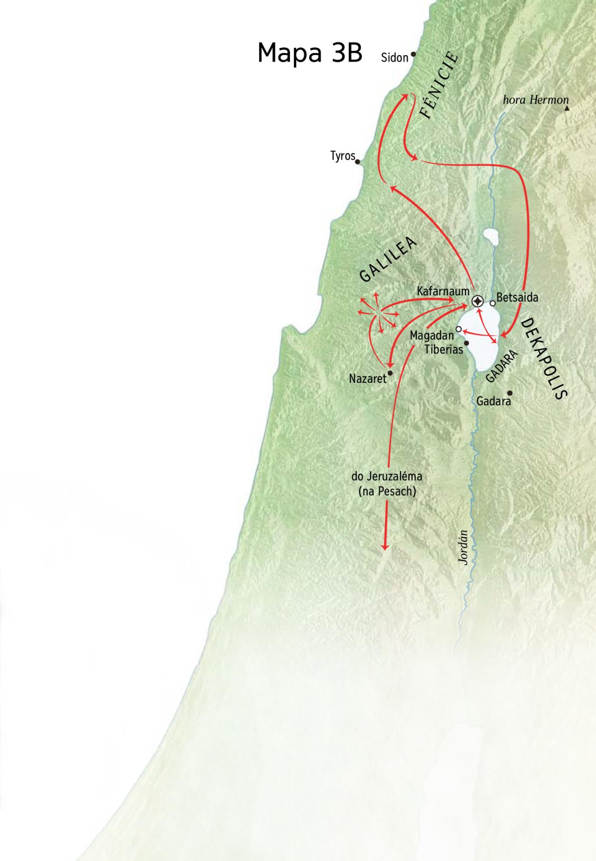 Mapa míst spojených s Ježíšovou službou v Galileji, Fénicii a Dekapoli