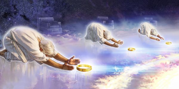 Dvacet čtyři starších, o kterých se píše ve Zjevení, padá před Jehovovým trůnem