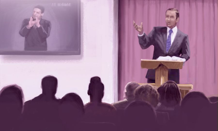 Bratr používá Bibli při vyučování z pódia