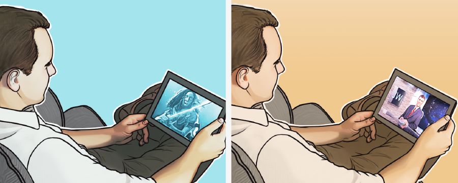 Bratr se na tabletu dívá na pochybný pořad; bratr sleduje JW Broadcasting
