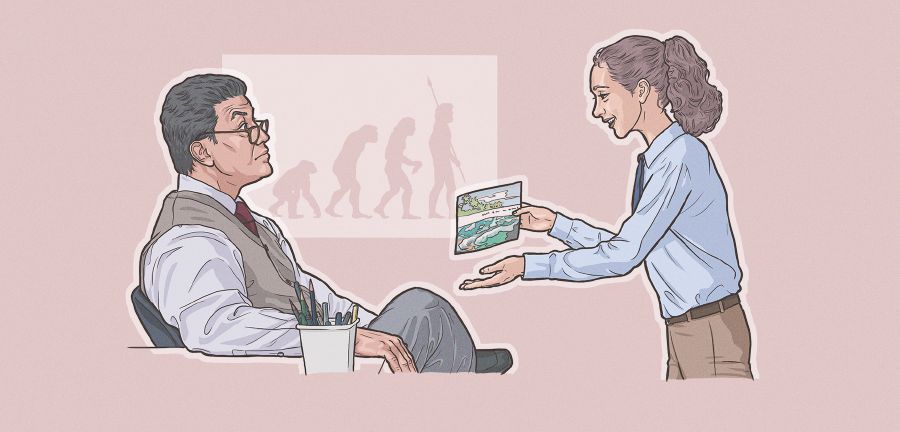 Mladá sestra vysvětluje učiteli svůj názor na vznik života
