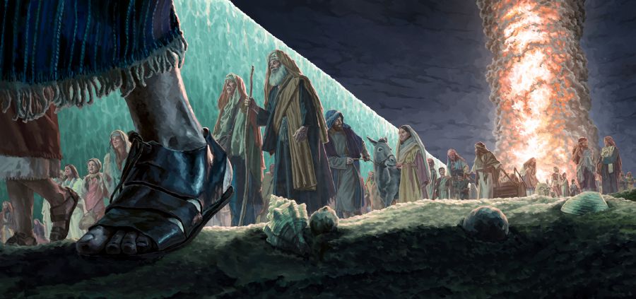 Izraelité prochází po suchém dně Rudého moře a ohnivý sloup osvětluje noc