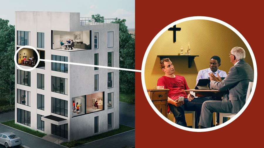 Dva bratři studují Bibli s mladým mužem, který je myšlenkami úplně jinde