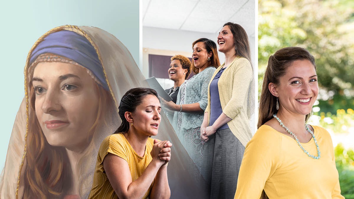Koláž: 1. Hana se usmívá a na tváři má klidný výraz. 2. Sestra se úpěnlivě modlí k Jehovovi. 3. Radostně zpívá na shromáždění. 4. Cítí se dobře a směje se