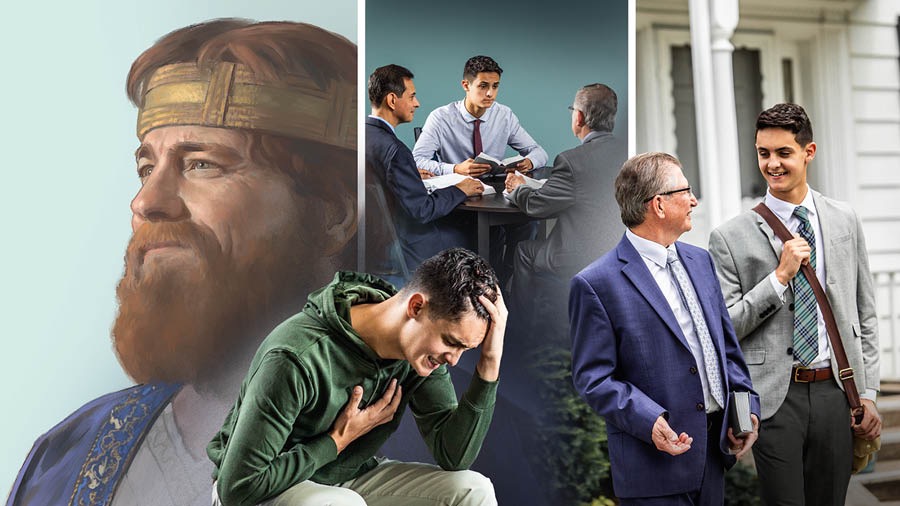 Koláž: 1. Král David se usmívá a na tváři má klidný výraz. 2. Mladý bratr pláče a je zoufalý. 3. Dva sboroví starší mu pomocí Bible ukazují, jak může svou chybu napravit. 4. S jedním z nich radostně spolupracuje v kazatelské službě