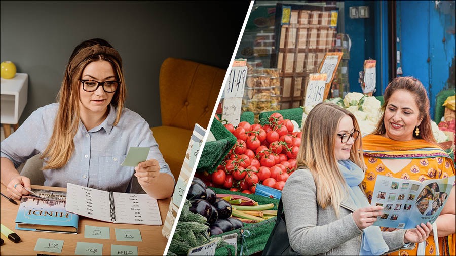 Koláž: 1. Sestra se pomocí učebnice a kartiček se slovíčky učí hindsky. 2. Sestra mluví na tržnici s Indkou a ukazuje jí brožuru „Dobrá zpráva“