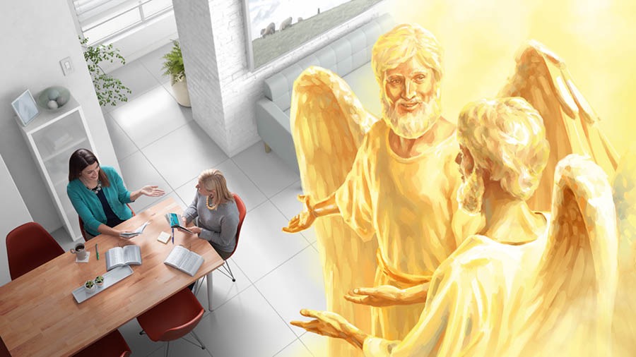 Koláž: 1. Sestra studuje Bibli se ženou, se kterou předtím mluvila o Bohu neformálně v kavárně. 2. Andělé studium sledují a usmívají se