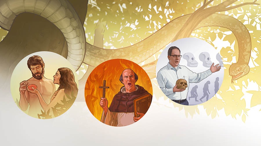Had obtočený kolem stromu. Koláž: 1. Eva nabízí zakázané ovoce Adamovi. 2. Kněz při kázání drží v ruce kříž a Bibli. Za ním jsou siluety lidí, kteří hoří v pekelném ohni. 3. Učitel v ruce drží lebku a ukazuje na tabuli, kde je nakreslená evoluce člověka