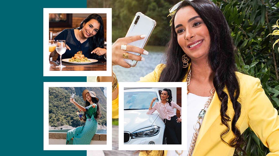Koláž: Fotky, které chce mladá sestra dát na sociální síť. 1. Dělá si selfie. 2. Fotí se s jídlem, které si objednala v restauraci. 3. Fotí se na dovolené. 4. Pózuje před drahým novým autem