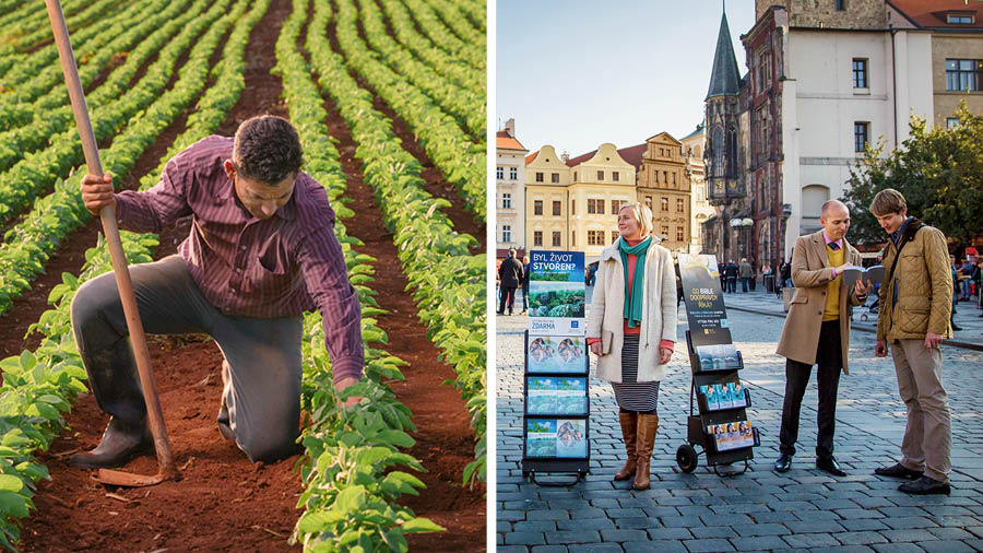Koláž: 1. Rolník drží v ruce motyku a vkleče kontroluje svou úrodu. 2. Bratr a sestra slouží u pojízdného stojanu. Bratr čte muži verš z Bible