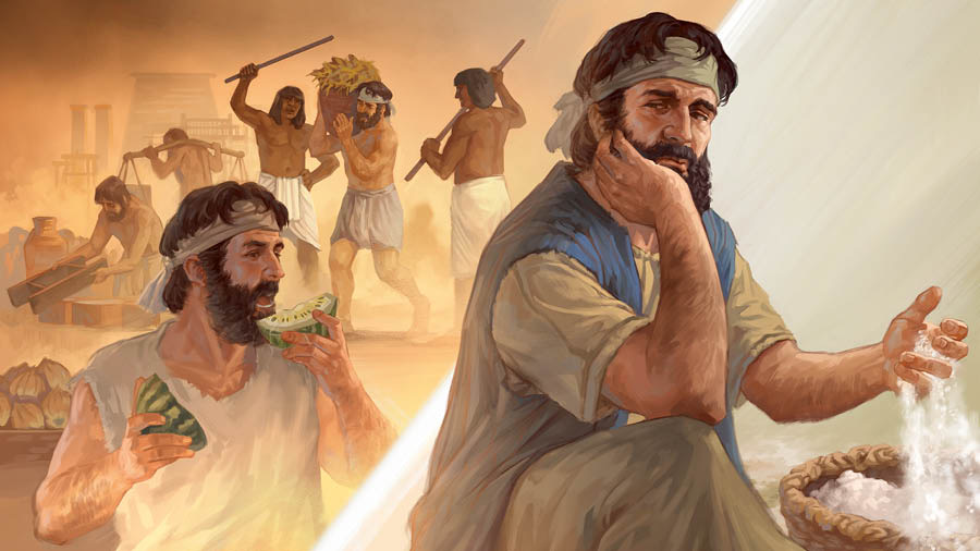 Koláž: Izraelita mezi prsty prosévá manu a přitom vzpomíná na život v Egyptě. 1. Ten samý Izraelita jí meloun. 2. Egypťané bijí a týrají izraelské otroky