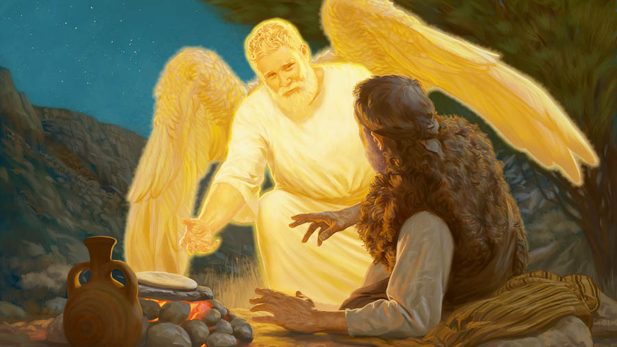 Anděl probouzí Elijáše a říká mu, aby se najedl. Vedle Elijáše je kulatý chléb na rozpálených kamenech a džbán s vodou
