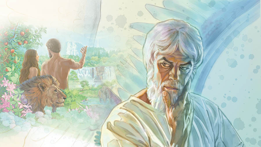 Satan se dívá na Adama a Evu, kteří jsou v zahradě Eden