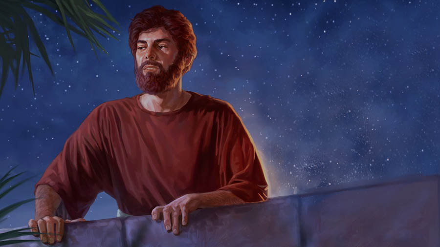 Král David se večer dívá ze střechy svého domu