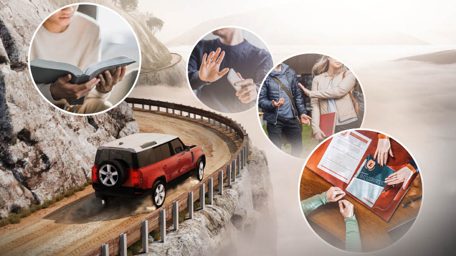 Svodidla chrání auto, které jede po úzké horské silnici. Koláž: 1. Mladý bratr si čte Bibli. 2. Bratr odvrací hlavu od displeje svého telefonu. 3. Sestra odmítá návrhy svého spolužáka. 4. Sestře ukazují prospekty s nabídkou vysokoškolského studia