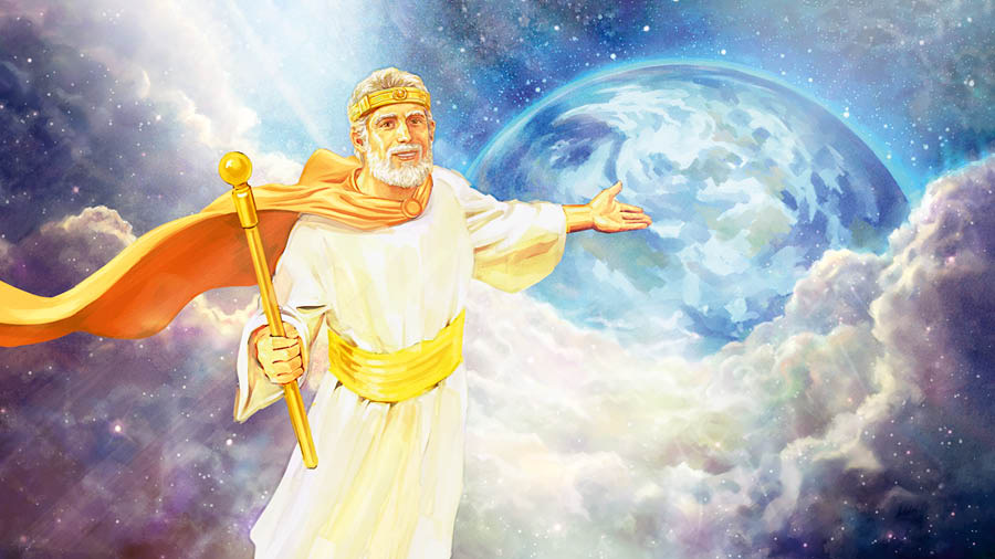 Ježíš v nebi ukazuje směrem k zemi a dívá se na Jehovu, od kterého očekává pokyny