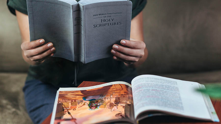 Sestra čte Bibli a biblickou publikaci